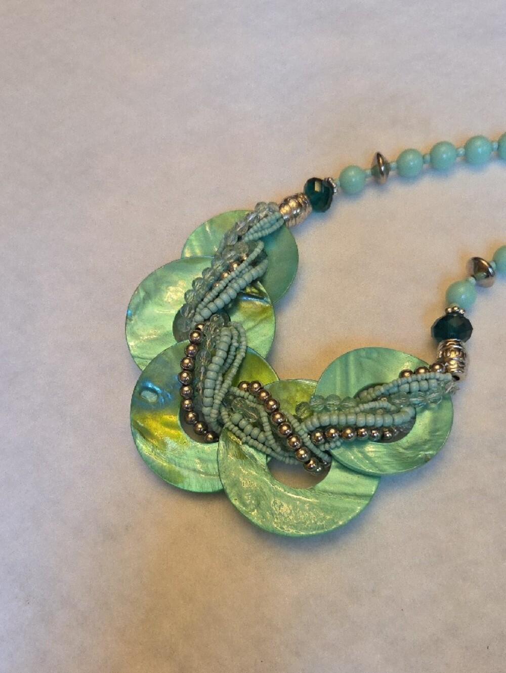 Fashion Jewelry Mint Green Layered Disc Necklace with Silver Beads - Picture 3 of 4